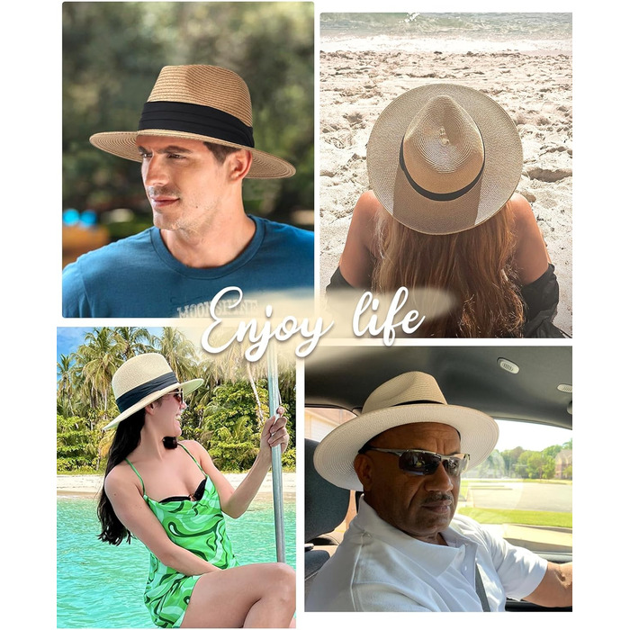 Унісекс Панама Капелюх Широкий козирок Сонячний капелюх для чоловіків та жінок Пляжний капелюх Захист від ультрафіолету Літній капелюх Регульований солом&39яний капелюх L-XL Хакі Чорна стрічка