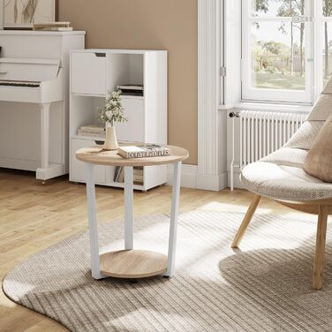 Круглий журнальний столик WOLTU, сучасний журнальний столик, невеликий столик для вітальні, диванний столик з 2 полицями, столик для вітальні для дивана, тумбочка, з місцем для зберігання, виготовлений з інженерної деревини, світлий дуб, BTS13hei