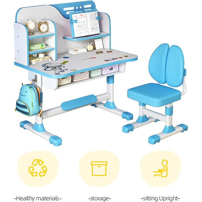 Ергономічний стіл та стілець для дітей, регульований по висоті робочий стіл з книжковою полицею, шухлядою та поперековою опорою, стіл та стілець для спальні, синій