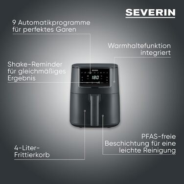 Аерофритюрниця Severin FryLight FR 2461, 4л, 1300Вт, чорна фритюрниця без олії з сенсорним дисплеєм, 8 автоматичними програмами та функцією підігріву