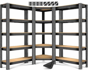 Комплект металевих стелажів MASKO з 3 предметів 1 кутова полиця та 2 стелажі, по 15 полиць кожен Полиця з МДФ панелей, вантажопідйомність 2625 кг, полиця для майстерні, полиця для підвалу, полиця для гаража, надміцні стелажі, стелаж без болтів, чорний