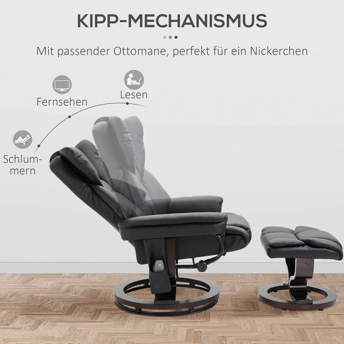 Крісло-реклайнер HOMCOM з підніжкою, поворотне на 360 крісло для телевізора з масажем, функція відкидання, масажне крісло з бічною кишенею, відкидне крісло, штучна шкіра для вітальні, чорний