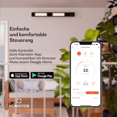 Інфрачервоний настінний обігрівач Klarstein 2000 Вт настінний, IP65, 9 налаштувань нагріву, додаток та пульт дистанційного керування, таймер, алюмінієвий, електричний обігрівач для 15 м, WiFi, тихий, електричний настінний обігрівач