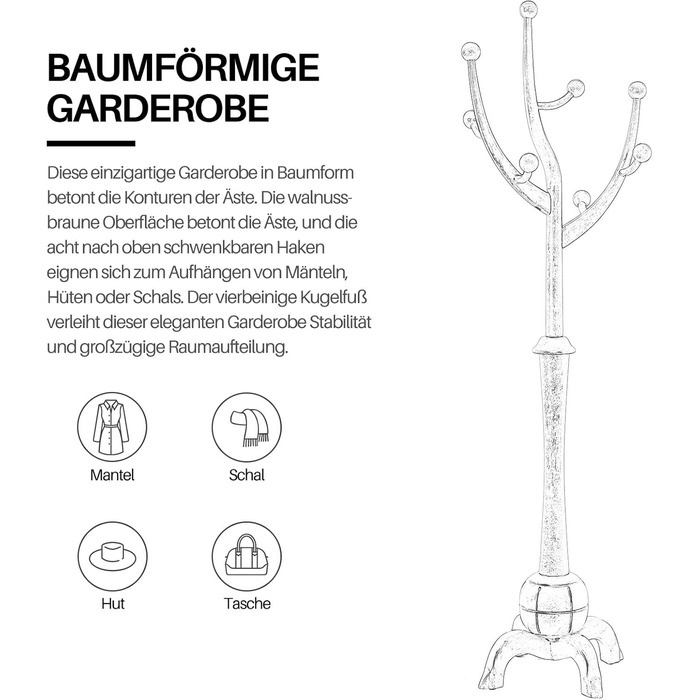 Вішалка для одягу Bekrvio, окремостояча вішалка для одягу з масиву дерева з 8 гачками, деревоподібний дизайн, ялинка зі стійкою кульковою основою, вантажопідйомність до 75 кг, для коридору, вхідної зони, спальня білого кольору 062