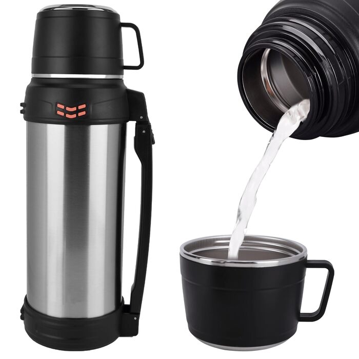 Вакуумно-ізольована пляшка місткість 2 л, металева пляшка для води з нержавіючої сталі для гарячих та холодних напоїв, термопляшка з чашкою без бісфенолу А, портативна дорожня пляшка для води з ручкою для перенесення, 2000 мл