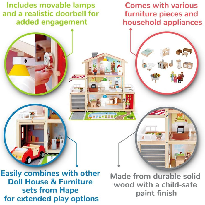 Ляльковий будиночок Hape Doll&39s Villa з 10 кімнатами, для творчої рольової гри, включаючи меблі та аксесуари, розвиваюча іграшка, для дітей від 3 років, лялькова вілла з аксесуарами, одномісна