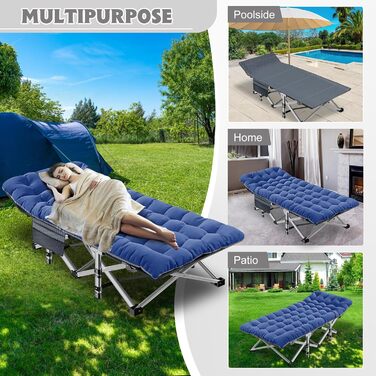 Складане туристичне ліжко з килимком Вантажопідйомність до 200 кг для міцного вуличного ліжка для дорослих, тканина Оксфорд 1200D 190x736 см, надзвичайно широке, похідне ліжко, гостьове ліжко (синє) Сині кемпінгові ліжка