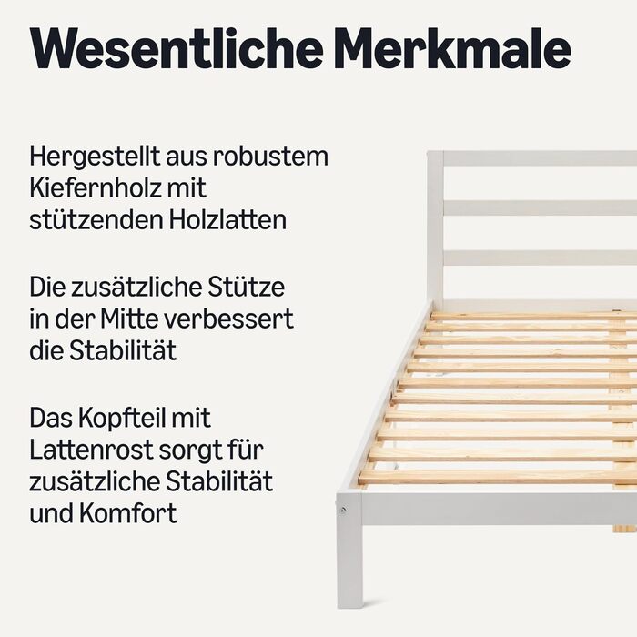 Каркас двоспального ліжка Storeo Basics з узголів&39ям, масив сосни з рейковою основою, 140 см x 200 см, двоспальне ліжко, білий колір 140 x 200 см білий