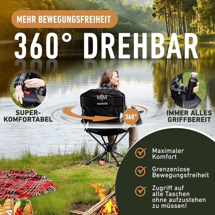 Складаний кемпінговий стілець, чорний, до 150 кг, із задньою кишенею для подушки або грілкової пляшки, обертається на 360