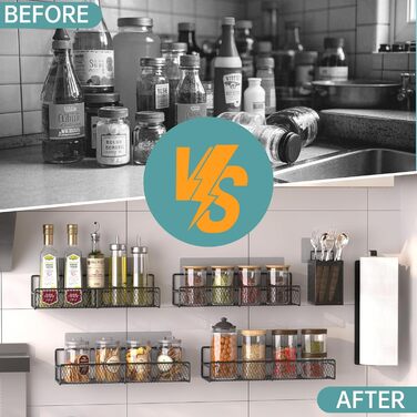 Настінний набір із 6 підставок для спецій Kmise, високоміцні клейкі підвісні кошики з тримачем для паперових рушників, кошик для столових приборів, нержавіючий органайзер для спецій без свердління для шафи, дверцят комори, кухонне сховище, 6 предметів вел