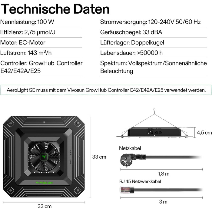 З AeroLight A100SE 100W LED Grow Light із вбудованим циркуляційним вентилятором, AeroZesh T4 10cm 355m/h Tube Fan & GrowHub Controller E42A