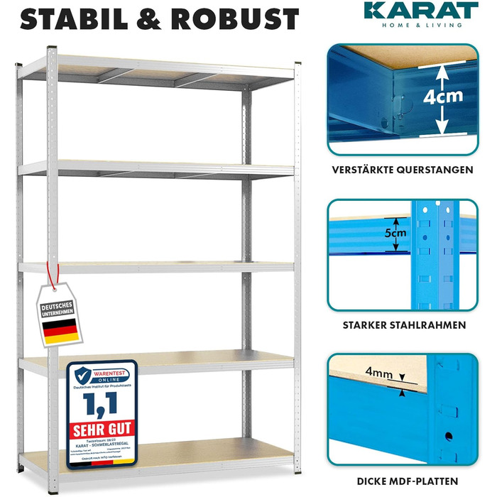 Надміцний стелаж KARAT, 180 x 90 x 60 см, безболтовий стелаж, підвальний стелаж, металевий стелаж - виготовлений зі сталі - 5 регульованих полиць (оцинкованих) 180 x 90 x 60 см сріблястий