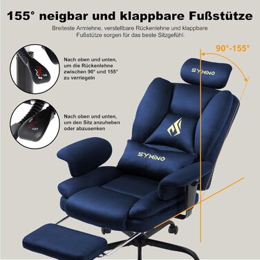 Ігрове крісло Symino, крісло керівника, офісне крісло, ергономічне, штучна замша, крісло-диван з підставкою для ніг, офісне крісло з регульованою висотою, комп&39ютерне крісло, 130 кг, темно-синій колір, штучна замша / темно-синій