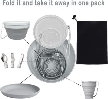 Складаний похідний набір посуду на 6 осіб з нержавіючої сталі (ніж, ложка, виделка), чашка, миска, тарілка та сітчастий мішок ідеально підходить для подорожей, кемпінгу, пікніків та активного відпочинку.