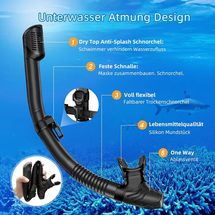 Набір для дорослого з маскою, спорядження для підводного плавання, лінзи із загартованого скла із захистом від протікання та запотівання, маска для плавання з панорамним видом, суха кришка, набір для підводного плавання та дайвінгу, чорний