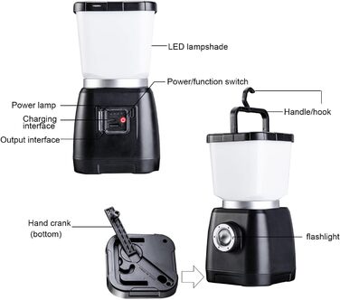 Ліхтар для кемпінгу з ручним керуванням ємністю 6000 мАг, водонепроникний, акумуляторний, подвійний світлодіодний ліхтар IPX7, портативний зарядний пристрій, 22 години роботи, аварійне освітлення для кемпінгу, (ЧОРНИЙ) Чорний