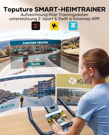 Велотренажер Toputure з додатком, магнітним опором 0–100 %, 15 кг маховик, до 160 кг, LCD-дисплей та тримач планшета