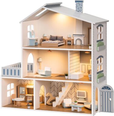 Дерев&39яний ляльковий будиночок ROBUD з підсвічуванням, 3 поверхи, включає меблі та сходи, іграшка для дітей від 3 років