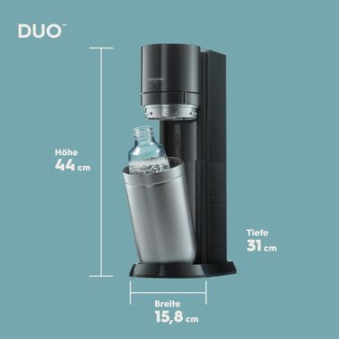 Виробник газованої води SodaStream DUO з циліндром CO2, скляною пляшкою 2 шт. 1 л і пластиковою пляшкою 2 шт. 1 л, яку можна мити в посудомийній машині, висота 44 см, колір титан, 29x25.6x44.4 Family Pack (4 пляшки та з балоном CO)