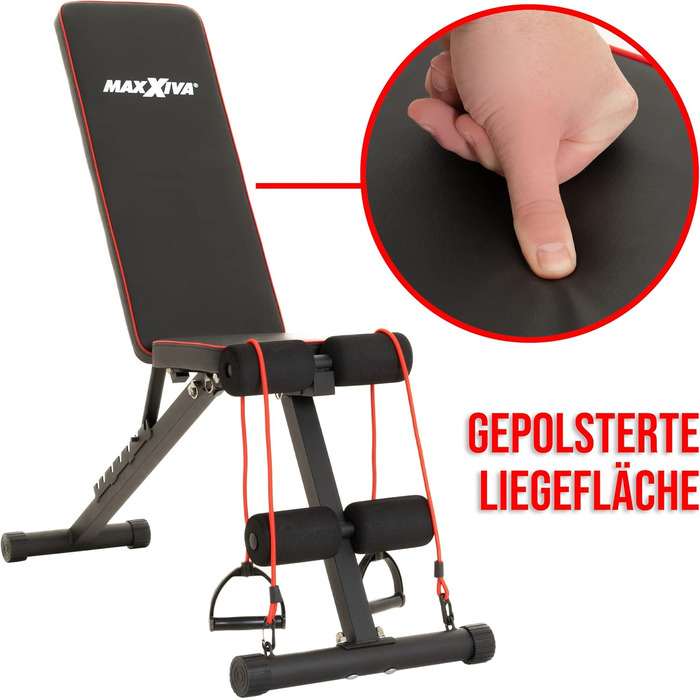 Складана фітнес-лава, багатофункціональна тренувальна лава, тренажер для пресу, похила лава з 7-позиційним регулюванням спинки, з еспандером, вантажопідйомність 300 кг, функція присідань