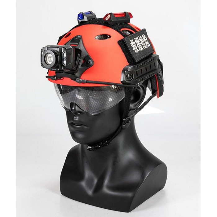 Тактичний рятувальний шолом червоного кольору із захисними окулярами та системою MOLLE, може використовуватися із сигнальними ліхтарями, прожекторами та високопродуктивними ліхтарями в тактичних іграх або рятувальних операціях.