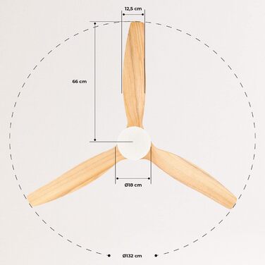 Стельовий вентилятор Nickel Крило з натурального дерева з освітленням і пультом дистанційного керування / 40 Вт, тихий, Ø132 см, 6 швидкостей, таймер, двигун постійного струму, літо-зимова робота з легким крилом з натурального дерева