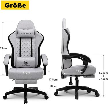 Ігрове крісло GTPLAYER Ергономічне ігрове крісло з тканинною поверхнею, пружинною подушкою сидіння, з&39єднувальними підлокітниками та підставкою для ніг 150 кг, біло-сіре