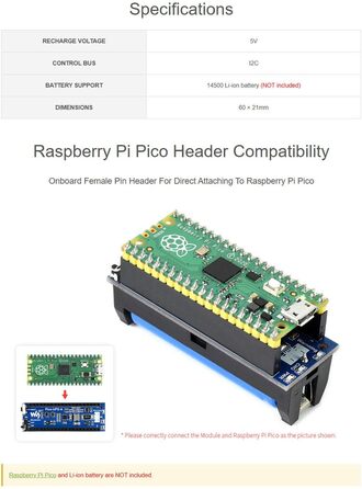 Модуль ДБЖ для Raspberry Pi Pico, джерело безперебійного живлення HAT Підтримуйте роботу Pico під час підзарядки, моніторинг стану батареї через I2C