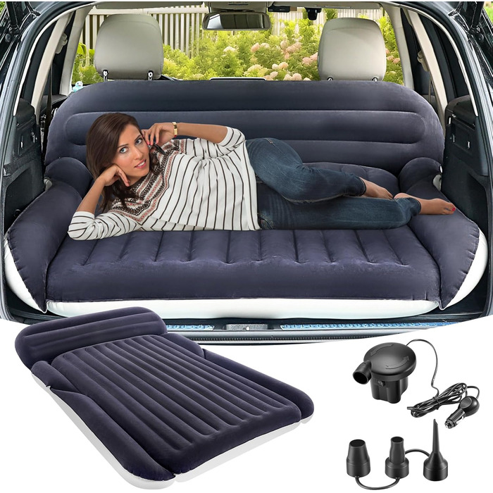 Надувний матрац KMZ SUV з 2 подушками товстіше та флоковане ліжко для автомобіля портативний дорожній матрац для кемпінгу та використання на свіжому повітрі швидке надування та здування за допомогою електричного повітряного насоса