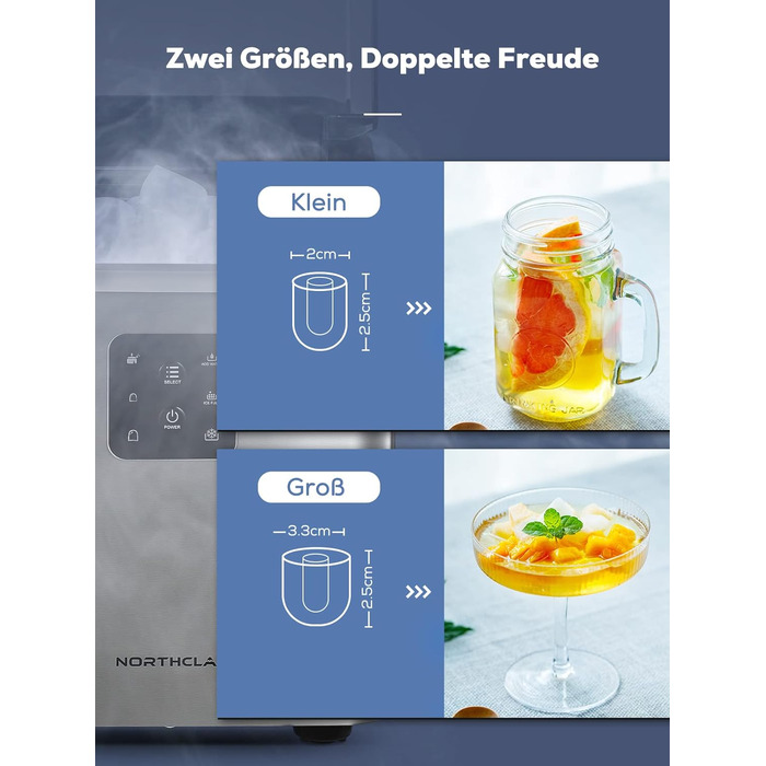 Машина для льоду з нержавіючої сталі з 2 розмірами кубиків льоду, 14 кг 24 шт. , самоочищення, 9 кубиків льоду за 6 хвилин, LED-дисплей, резервуар для води 2 л, льодогенератор із черпаком для льоду та кошиком, льодогенератор NORTHCLAN