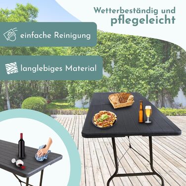 Розкладний стіл Lemodo 180 x 75 см Складаний садовий та фуршетний стіл до 150 кг, міцний стіл для вечірок з всепогодного чорного дерева, компактне зберігання у вигляді валізи з ручкою для перенесення, дерево/чорний