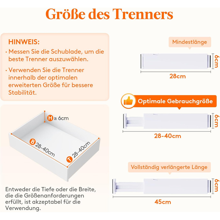 Набір із 8 регульованих роздільників для шухляд Lifewit, органайзери-роздільники для внутрішньої довжини 2840 см та висоти &gt6 см, для спальні, кухні, столових приборів, шаф, письмового столу, системи організації шухляд, білого кольору, 8 висоти 6 та дов