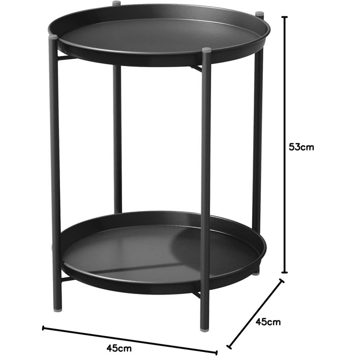 Круглий журнальний столик Grand Patio, 2 яруси, для вітальні, спальні, саду, диван-столик, тумбочка, знімний піднос, легке складання, металевий 45x45x53 см (чорний)