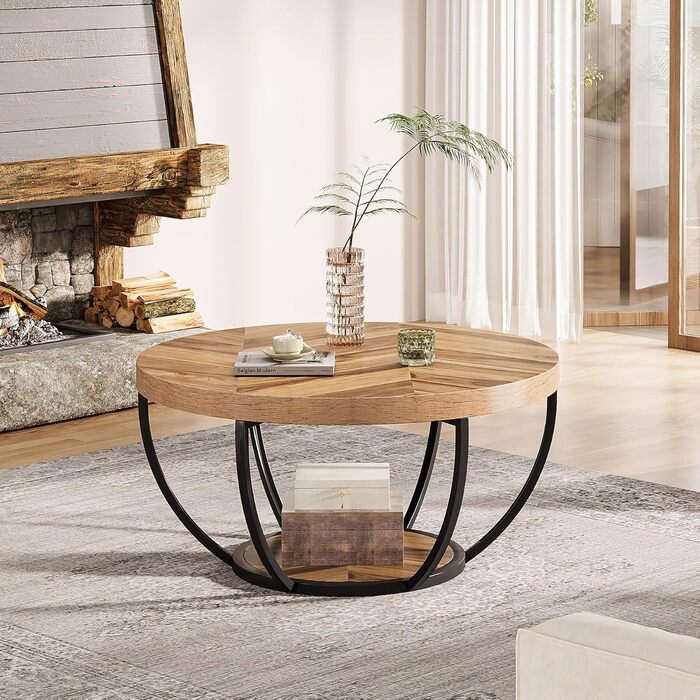 Круглий журнальний столик Tribesigns, промисловий 2-рівневий круглий журнальний столик з полицями для зберігання, сучасний дерев&39яний акцентний центральний столик, диван, бічний столик для вітальні, домашній офіс з деревним рисунком