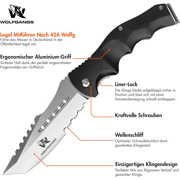 Дворучний складаний ніж Wolfgangs UNDIQUE з високоякісної сталі 440C - ЛЕГАЛЬНИЙ для носіння в Німеччині - Туристичний ніж з багат