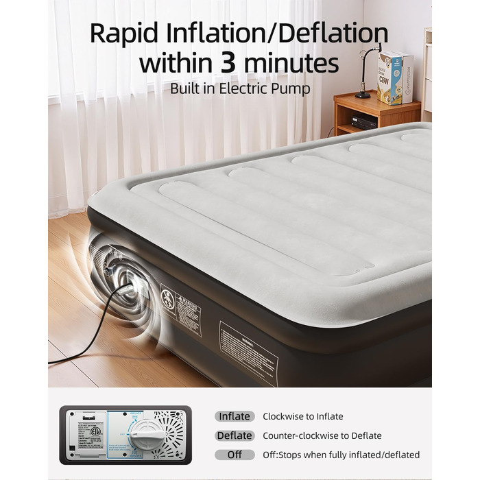 Надувний матрац CHILLSUN для 2 осіб, 203x152x46 см, з електричним насосом, надзвичайно товста водонепроникна флокована поверхня, легко зберігається для кемпінгу та гостьового ліжка