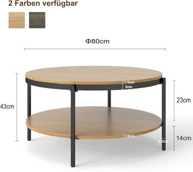 Круглий дерев&39яний журнальний столик Manora, маленький круглий столик для вітальні 80 см, диван-столик з 2 рівнями зберігання, під дуб, металеві ніжки зі сталевим каркасом (світлий дуб), сучасний дуб