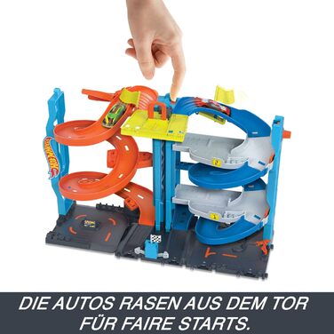 Міський трек Hot Wheels з 1 машиною, гоночна вежа 2-в-1, конвертується з одноколійної в двоколійну, ручний підйомник, HKX43 Race T