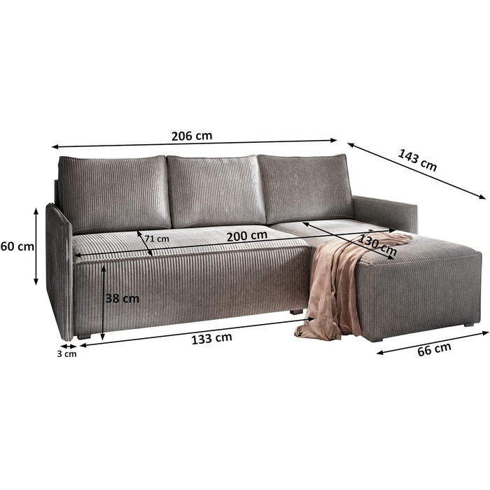 Кутовий диван Masseno PERUSI з функцією сну, L-подібна форма, класичний диван з місцем для зберігання, диван для вітальні, кушетка, диван-ліжко, комплект диванів - Бузковий, POSO 130