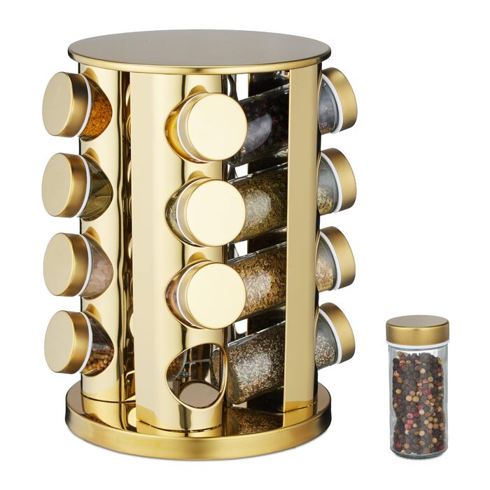 Карусель для спецій Relaxdays, 16 банок для спецій, обертається на 360, нержавіюча сталь, скло, В x Г 27,5 x 20 см, кругла підставка для спецій, золота