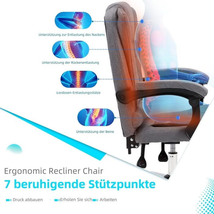 Офісний стілець YODOLLA, вантажопідйомність 200 кг, ергономічне крісло керівника, письмове крісло з функцією відкидання, комп&39ютерне крісло з регульованою висотою та шкіряною підставкою для ніг, сірий