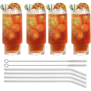 Набір рифлених келихів MUJUZE з соломинкою, 4 шт. окулярів з рифлом естетичний стек, набір окулярів Highball 310 мл, скляні чашки