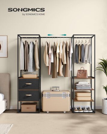 Вішалка для одягу SONGMICS, відкрита шафа, міцна вішалка для одягу, 1 висувна рейка, 2 шухляди, 4 полиці, для спальні, компактна, вінтажний коричневий RGR003B01