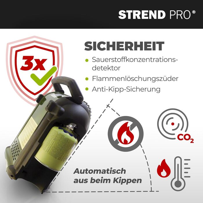 Газовий обігрівач для намету STREND PRO 2 кВт з 1 газовим картриджем для кемпінгу, портативний газовий обігрівач для приміщень, наметів, кемпінгу, риболовлі, полювання, міні-газовий обігрівач з датчиком кисню, мобільний
