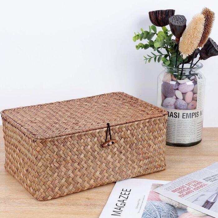 Кошики FEILANDUO з вербовими полицями та кришкою, з морської трави, кошик для зберігання, контейнер, прямокутний, ручної роботи, для полиць, столу, домашнього органайзера (кавовий, великий)