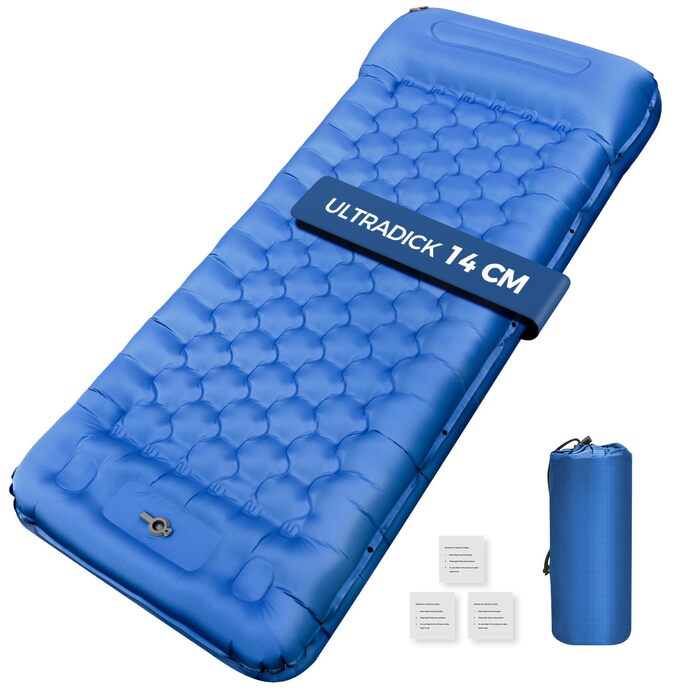 Килимок для сну NAPASA, потовщений надувний матрац 14 см із вбудованим насосом для ніг та подушкою, водонепроникний, килимок для сну з антипіреновим покриттям для походів, пляжу, подорожей, намету (синій) 3 шт. нашивки - синій