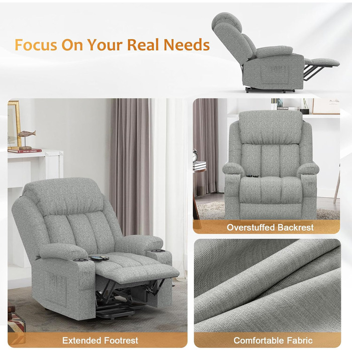 Електричне регульоване крісло-реклайнер з функцією підйому та масажу, підходить для людей похилого віку, 2 бічні кишені та підстаканники, порт USB Type-C