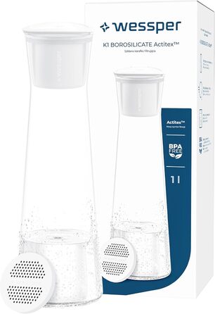 Скляний графин з фільтром для води Wessper, 1 літр, графин для води з мікродисковим фільтром для води, скляний графин з кришкою, для фільтрованої води та холодних напоїв, БЕЗ BPA - білий