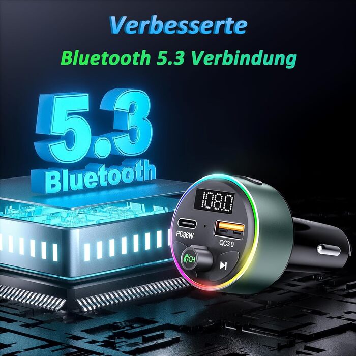 Передавач, SOARUN AUX Bluetooth адаптер Автомобільна радіостанція 54 Вт (PD 36W&QC 3.0 18 Вт) Металевий автомобільний зарядний пристрій із USB-портом для гучного зв'язку, 9 RGB-підсвічування з перемикачем світла Зелений, 5.3 FM-