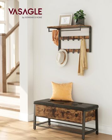 Настінна вішалка VASAGLE, з полицею, настінна полиця з 10 знімними гачками, підвісна полиця, настінне кріплення, 2 вішалки, вішалк